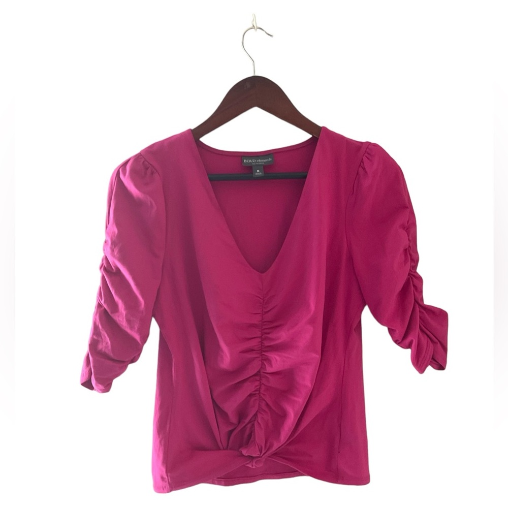 BOLD Elements V Neck Ruffle Sleeves and Torso Vibrant Pink Blouse Size Medium